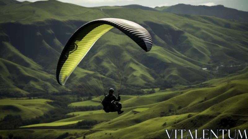 Paraglider Flying Over Green Hilly Landscape AI Image
