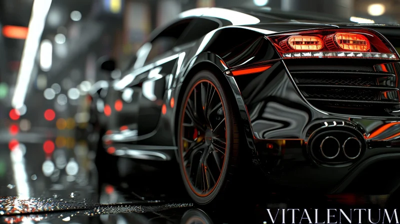 Sleek Black Sports Car Close-up on Wet City Street AI Image