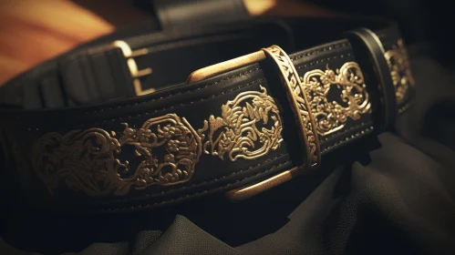 Intricate Black Leather Belt with Gold Celtic Knotwork Designs