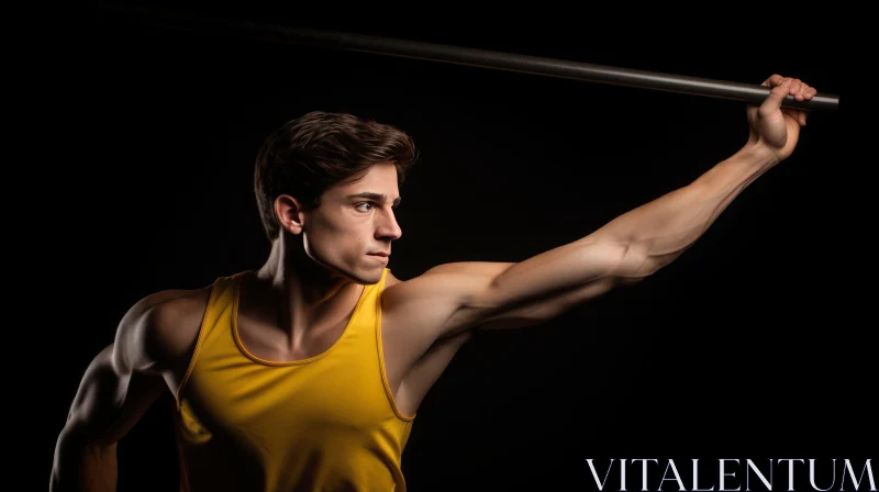 Powerful Athlete Throwing Javelin in Dark Room AI Image
