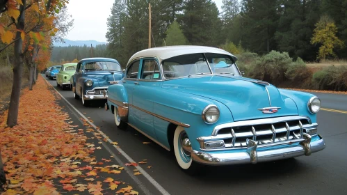 Vintage Cars Parked on Road in Fall