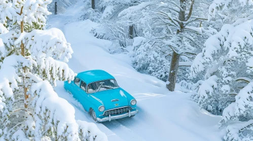 Blue Retro Car on Snowy Road - Winter Nature Scene