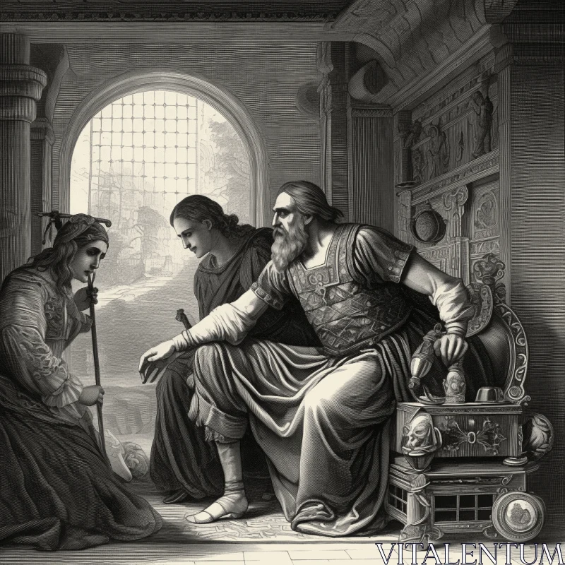 Captivating Black and White Engraving of a Man and a Woman in a Room AI Image