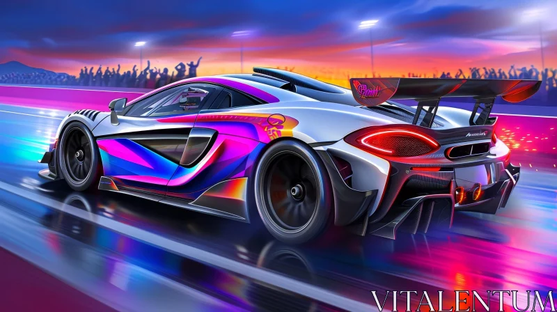 AI ART Night Race: Silver Sports Car on Track with Crowds and Stars