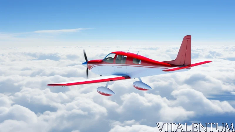 Red and White Airplane Flying Above Clouds AI Image