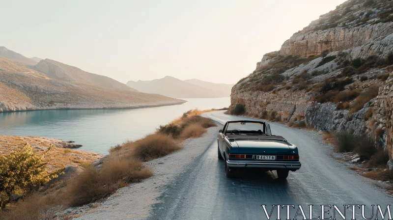Vintage Car Driving on Coastal Road with Mountain Landscape AI Image
