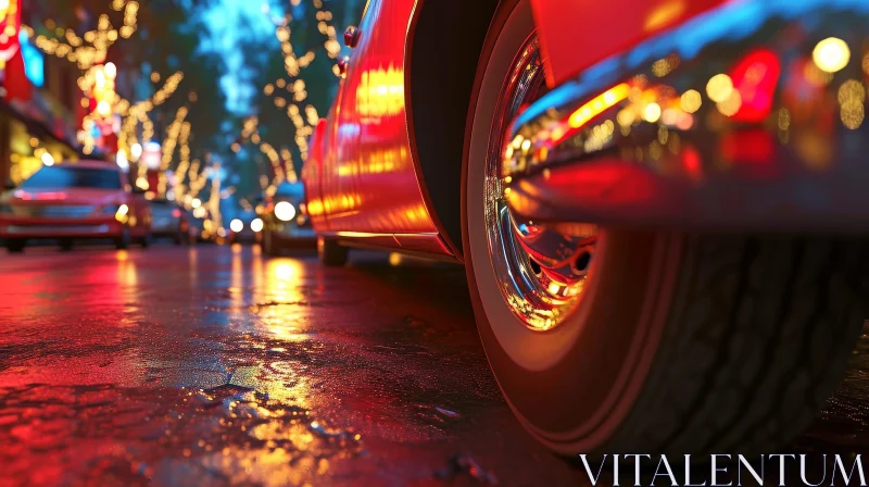 Vintage Red Car Night Scene Urban Reflection AI Image