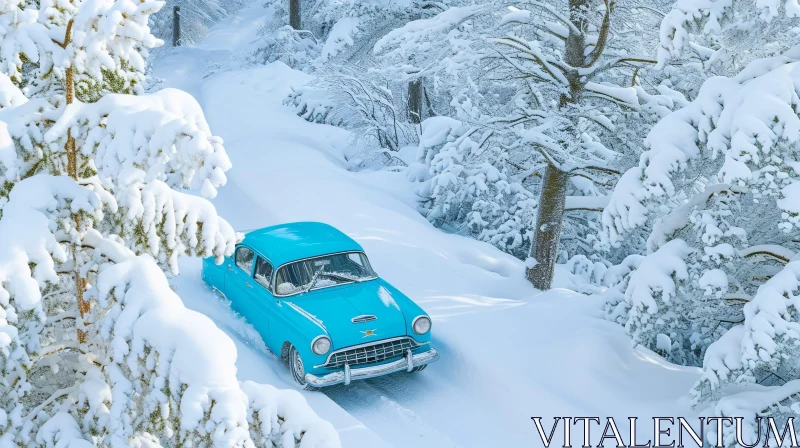 Blue Retro Car on Snowy Road - Winter Nature Scene AI Image