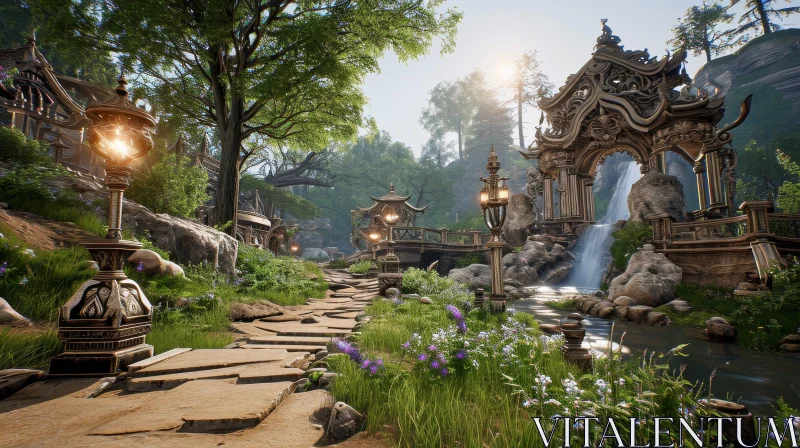 Enchanting Fantasy Forest Landscape with Waterfall