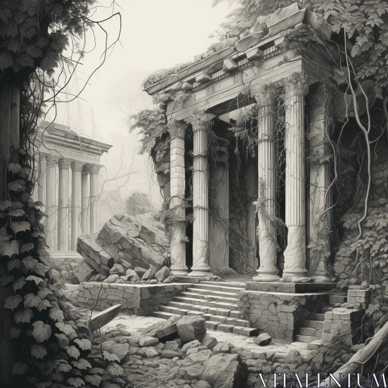 Intricate Ancient Ruins Painting | Monochromatic Artwork AI Image