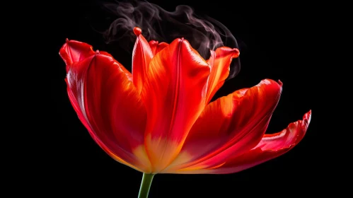 Red Tulip in Full Bloom Against Black Background