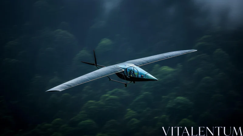 Sleek Black Airplane Flying Over Green Forest AI Image