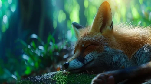 Tranquil Scene: Red Fox Sleeping on Mossy Log in Forest