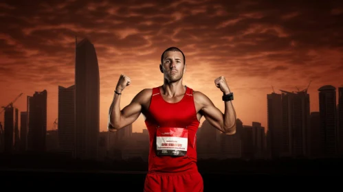 Triumphant Male Runner in Red Singlet at City Sunset