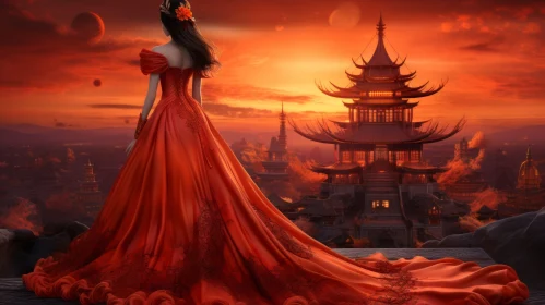 Woman in Red Dress at Ancient Chinese City Sunset