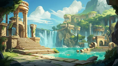 Enchanting Fantasy City with Fountain and Waterfall | Grandiose Ruins