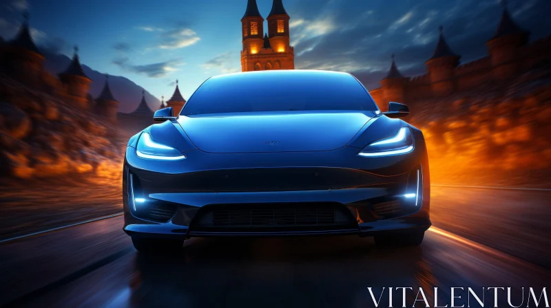 Night Drive: Tesla Model 3 Digital Rendering with Castle Background AI Image