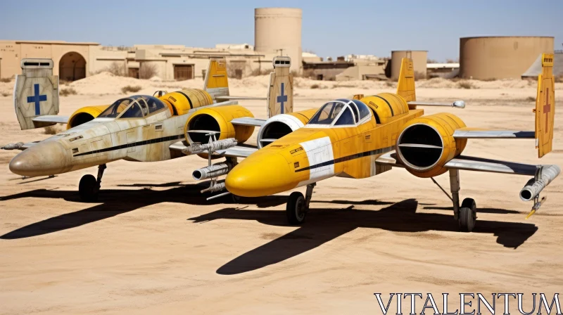 Yellow and White Starfighters in Desert Airfield AI Image
