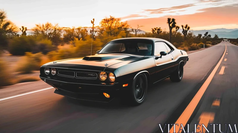 AI ART 1970s Black Dodge Challenger Muscle Car Desert Drive
