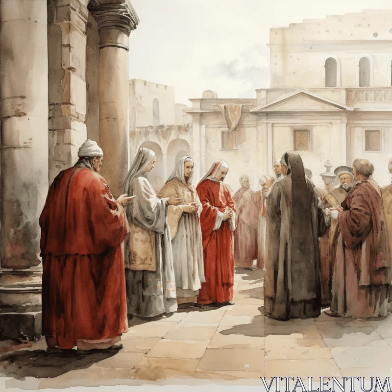 Ancient World Illustration: Detailed Architecture and Religious Leaders AI Image