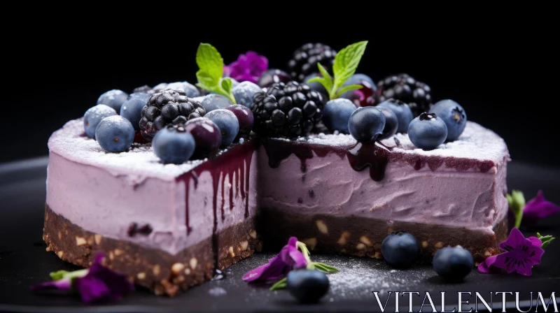 Delicious Slice of Cake with Purple Filling and Berries AI Image