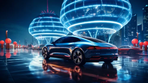 Sleek Blue Electric Car in Futuristic City