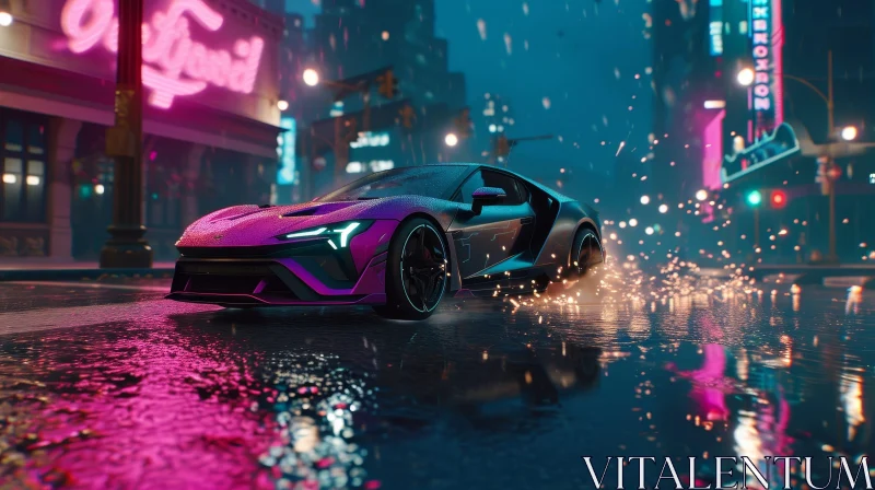Speedy Purple and Black Sports Car in Neon-Lit Rainy City Night AI Image
