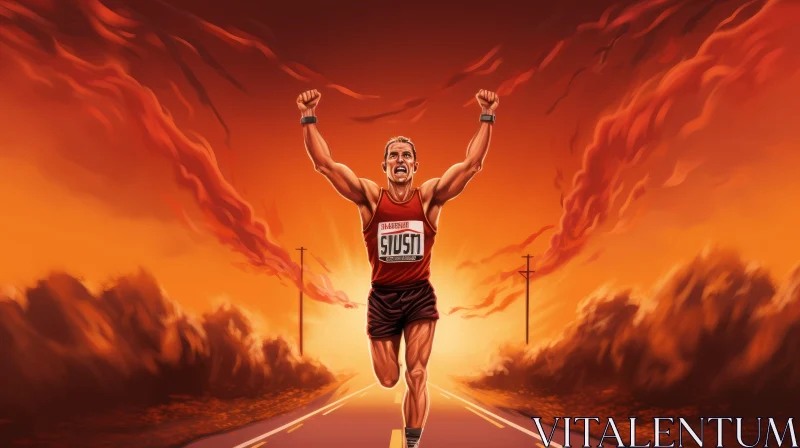 Victorious Runner on Road with Fiery Background AI Image