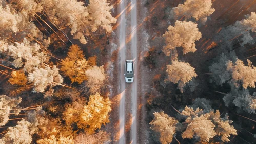 Aerial View of White Car Driving Through Autumn Forest