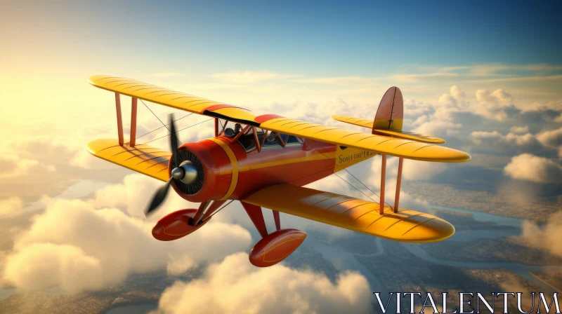 Biplane Flying in Cloudy Sky AI Image
