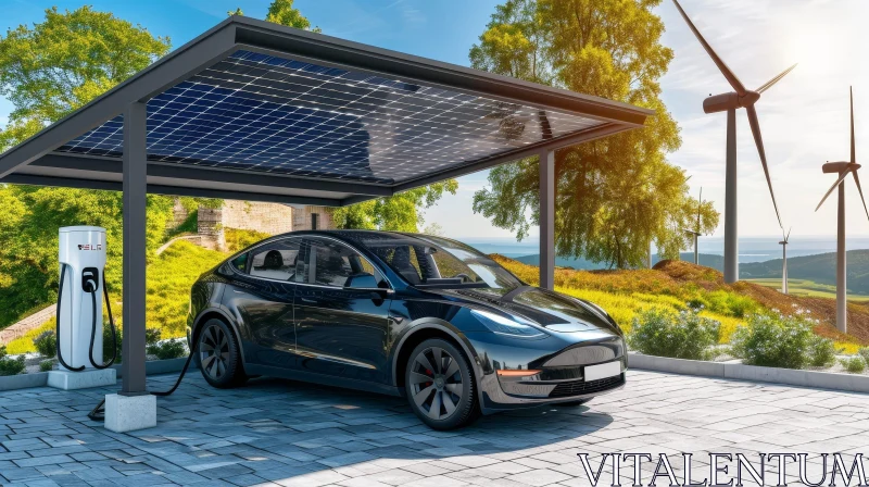 Black Tesla Model S Plaid Charging Station with Solar Power and Wind Turbines AI Image