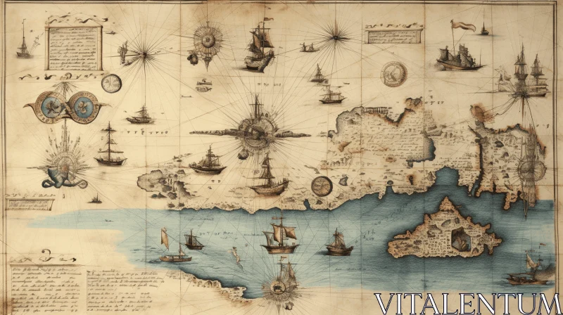 Captivating Map of Ancient Ships in the Sea | Vintage Style AI Image
