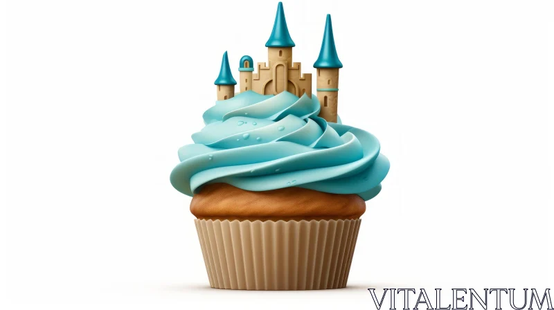 AI ART Delicious Cupcake with Blue Frosting and Castle Decoration