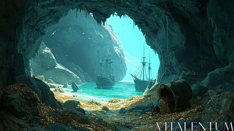 Enigmatic Cave with Abandoned Ships and Hidden Treasure AI Image