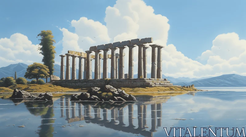Monumental Columns Against a Serene Blue Ocean - Realistic Landscape Painting AI Image
