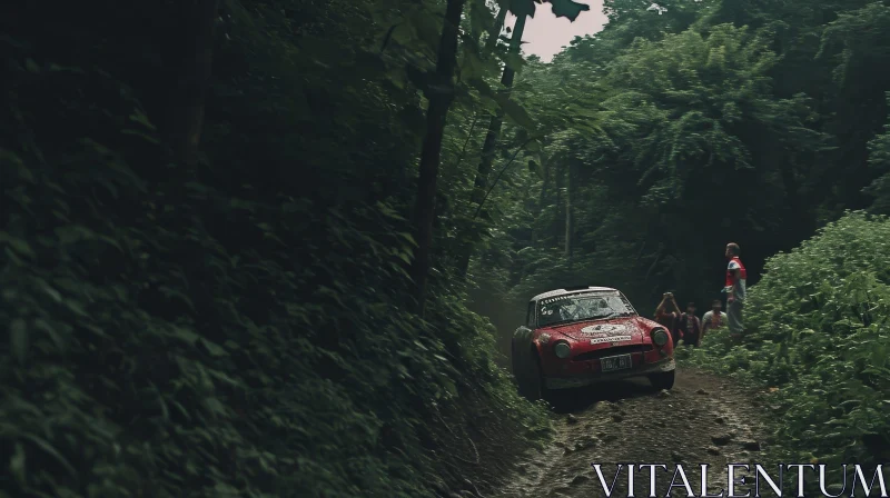 Red Vintage Car Rallying Through Forest AI Image