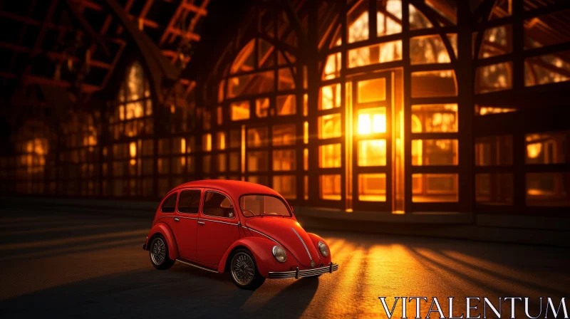 Red Volkswagen Beetle 3D Rendering in Front of Building AI Image