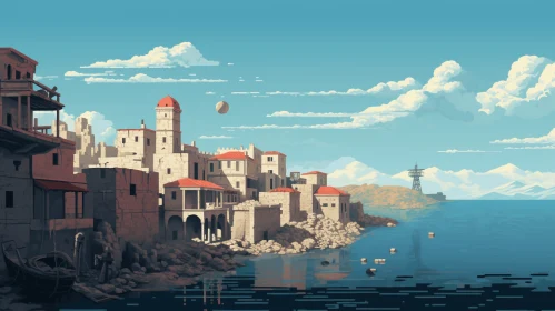 Rustic Renaissance-Inspired Illustration of an Old Town by the Water