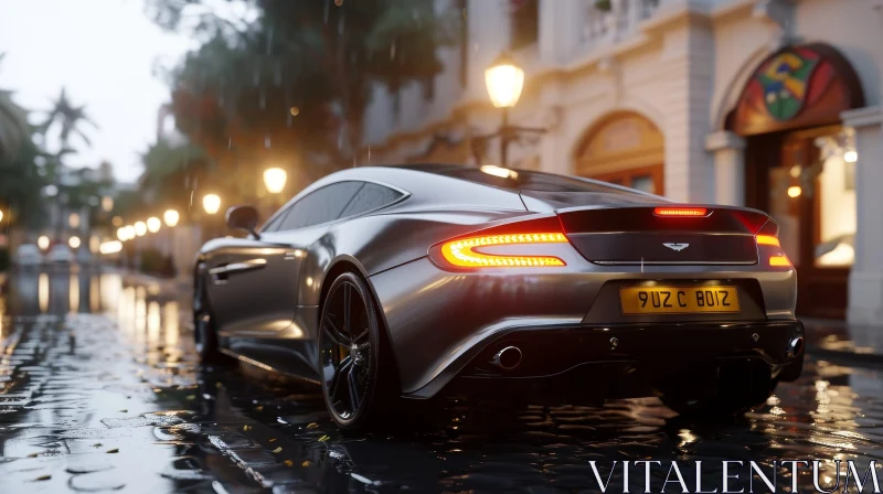 Silver Aston Martin One-77 3D Rendering on Wet Street AI Image