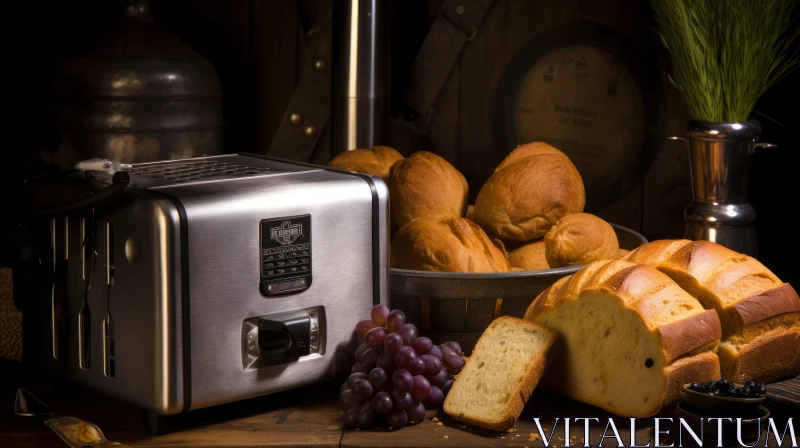 Sleek Toaster, Bread Basket, and Grapes: Captivating Still Life AI Image