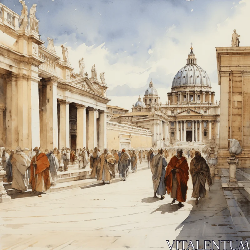 Exploring the Roman City: St. Peter's Basilica in Watercolor AI Image