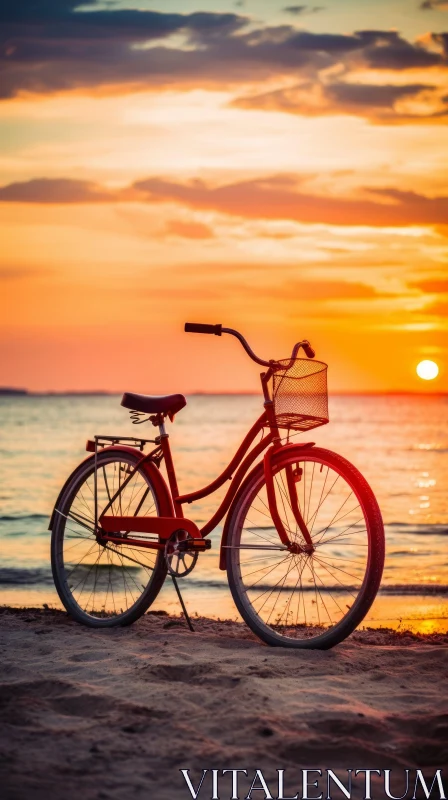 Red Bicycle Sunset Beach Scene AI Image