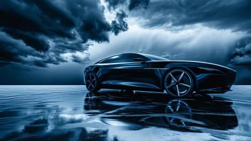 Sleek Black Futuristic Car on Seashore Under Stormy Sky
