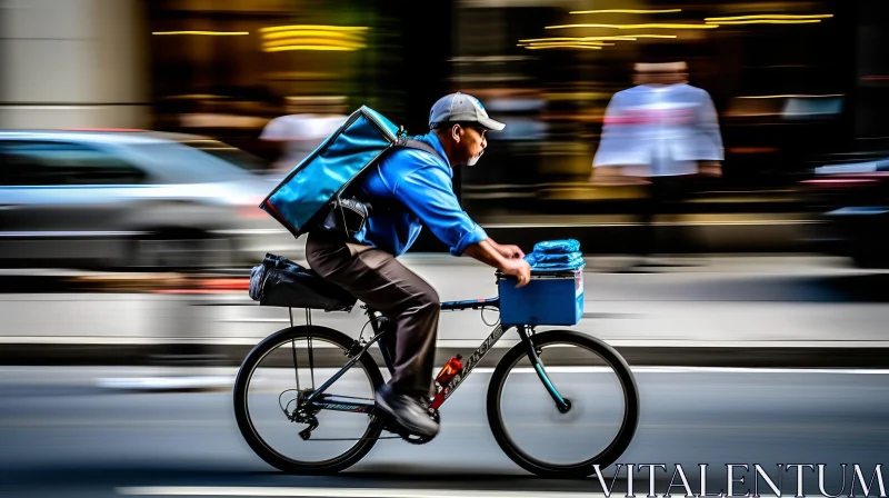 Urban Delivery Man Riding Bicycle in City AI Image