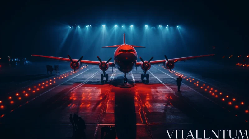 Vintage Airplane Night Scene on Runway with Spotlights AI Image