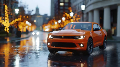 Orange Chevrolet Camaro 3D Rendering on Wet Road