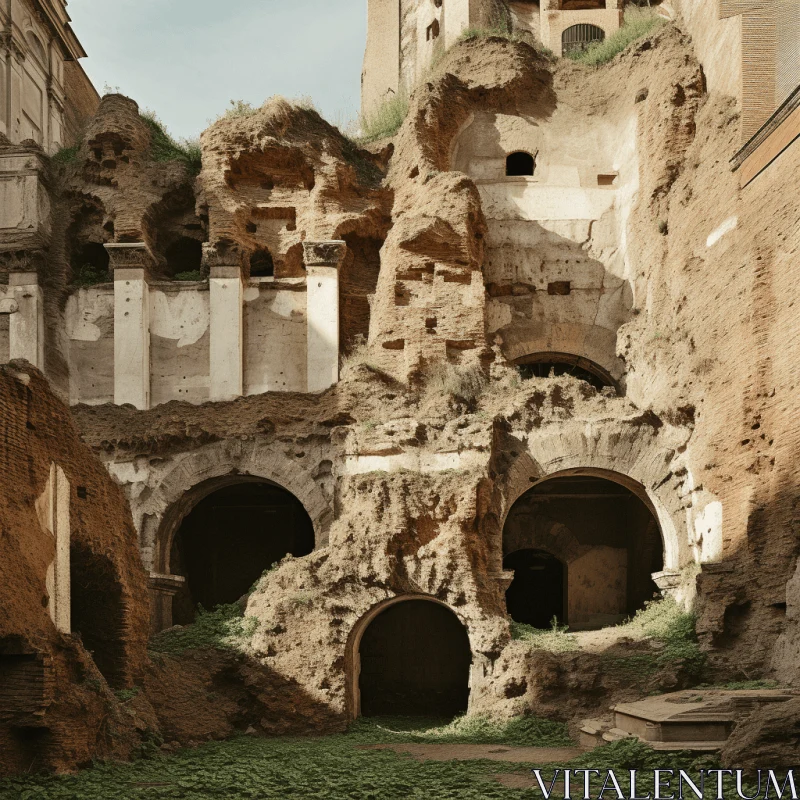 Roman Building with Organic Formations: An Immersive Apocalyptic Landscape AI Image