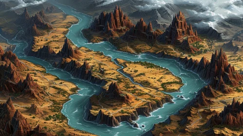 Fantasy Desert Map with River and Mountains
