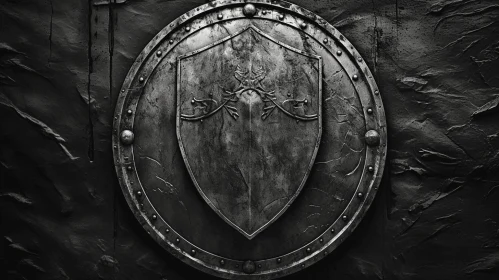 Metal Shield Over Wall | Epic Fantasy Scene | Black and White Background