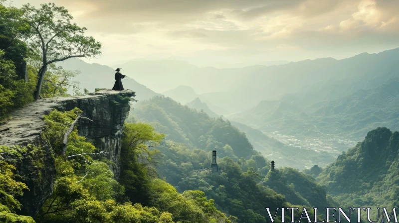 Mysterious Figure on Cliff overlooking Valley and Mountains AI Image